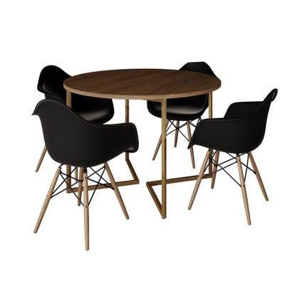 Imagem de Mesa Jantar Industrial Redonda 110cm Amêndoa Base V Dourada com 4 Poltronas Eames Eiffel Daw Madeira