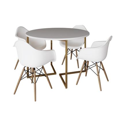 Imagem de Mesa Jantar Industrial Redonda 110cm Branca Base V Dourada com 4 Poltronas Eames Eiffel Daw Madeira 