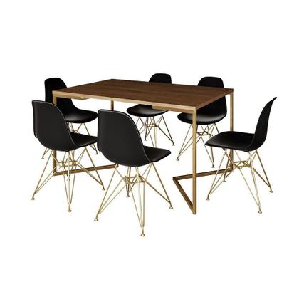 Imagem de Mesa Jantar Industrial Retangular 137X90Cm Amêndoa Base V C/6 Cadeiras Pretas Base Do Cor: Amendoa
