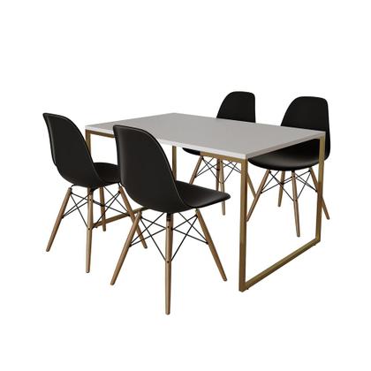 Imagem de Mesa Jantar Industrial Retangular 137x90cm Branca Base Dourada com 4 Cadeiras Eames Eiffel Madeira P
