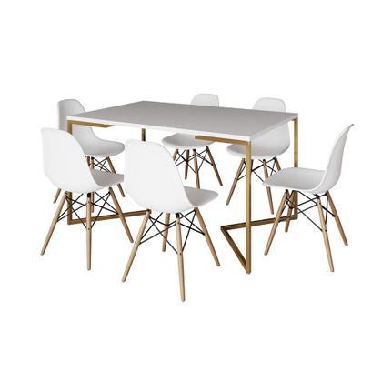 Imagem de Mesa Jantar Industrial Retangular 137x90cm Branca Base V Dourada com 6 Cadeiras Eames Eiffel Madeira