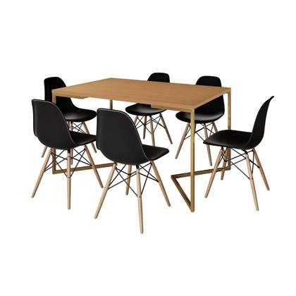Imagem de Mesa Jantar Industrial Retangular 137x90cm Canela Base V Dourada com 6 Cadeiras Eames Eiffel Madeira