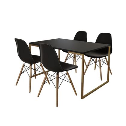 Imagem de Mesa Jantar Industrial Retangular 137x90cm Preta Base Dourada com 4 Cadeiras Eames Eiffel Madeira Pr