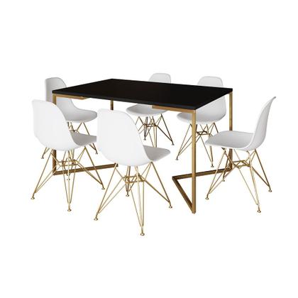 Imagem de Mesa Jantar Industrial Retangular 137x90cm Preta Base V com 6 Cadeiras Eames Eiffel Brancas Base Dou