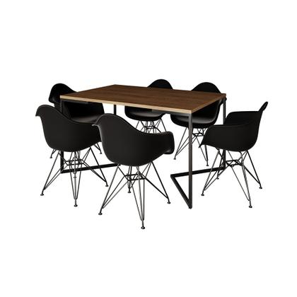 Imagem de Mesa Jantar Industrial Retangular Amêndoa 137x90cm Base V com 6 Poltronas Eames Eiffel Pretas Ferro 
