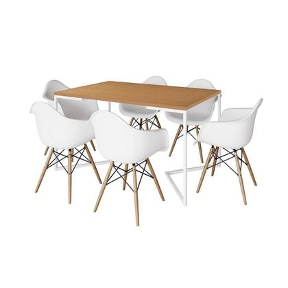 Imagem de Mesa Jantar Industrial Retangular Canela 137X90Cm Base V Ferro Branco C/6 Poltronas Branca Canela