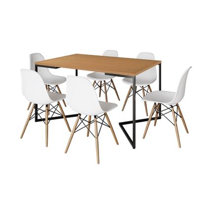 Imagem de Mesa Jantar Industrial Retangular Canela 137x90cm Base V Ferro Preto com 6 Cadeiras Branca Eames Mad