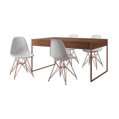 Imagem de Mesa Jantar Industrial Retangular Filadélfia Amêndoa 137x90cm com 4 Cadeiras Brancas Eames Base Cobr
