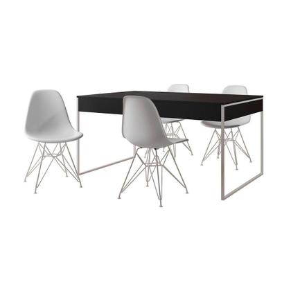 Imagem de Mesa Jantar Industrial Retangular Preta 137X90Cm Com 4 Cadeiras Brancas Base Ferro Cor: Preto