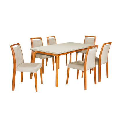 Imagem de Mesa Jantar Jade 160x90cm Off White com 6 Cadeiras Estofadas Linho Bege Base Madeira Maciça Mel