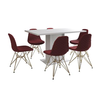 Imagem de Mesa Jantar Londres Retangular Branca 137x90 6 Cadeiras Estofadas Vermelho Base Dourado