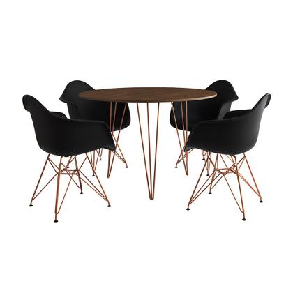 Imagem de Mesa Jantar Redonda 110cm Amêndoa Clips 3 Pés com 4 Poltronas Pretas Eames Eiffel Base Cobre