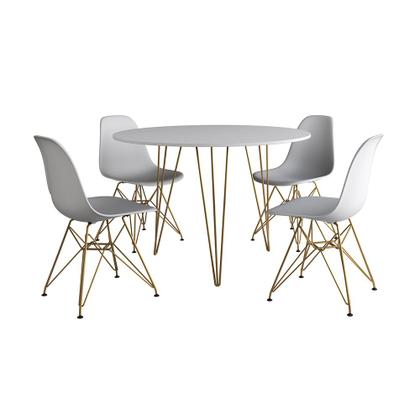 Imagem de Mesa Jantar Redonda 110cm Branca Clips 3 Pés com 4 Cadeiras Eames Eiffel Brancas Base Dourada