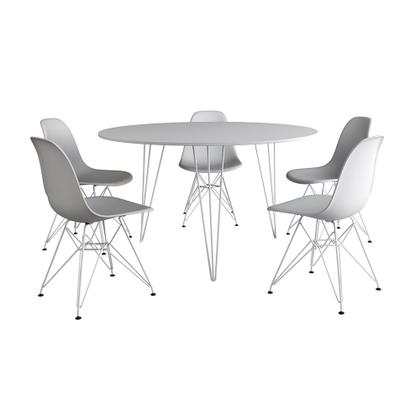 Imagem de Mesa Jantar Redonda 110cm Branca Clips 3 Pés com 5 Cadeiras Eames Eiffel Brancas Ferro Branco