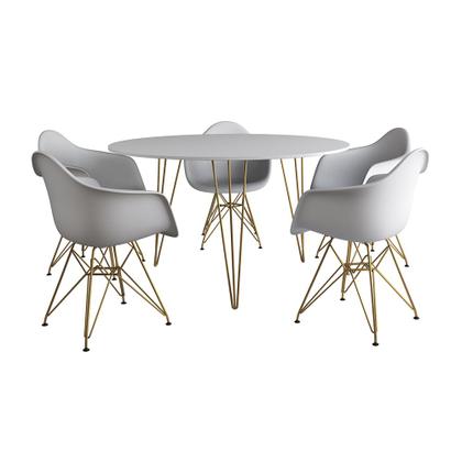 Imagem de Mesa Jantar Redonda 110cm Branca Clips 3 Pés com 5 Poltronas Eames Eiffel Brancas Base Dourada