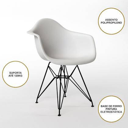 Imagem de Mesa Jantar Redonda 110cm Branca Clips 3 Pés com 5 Poltronas Eames Eiffel Brancas Ferro Preto