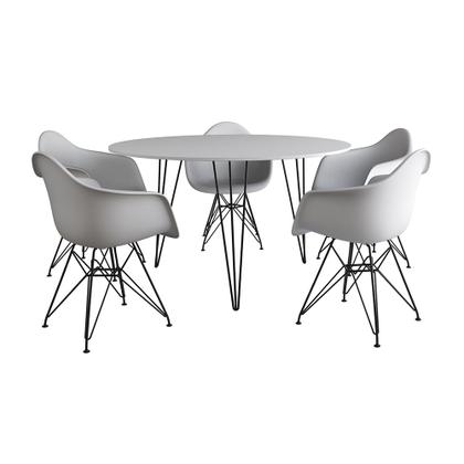 Imagem de Mesa Jantar Redonda 110cm Branca Clips 3 Pés com 5 Poltronas Eames Eiffel Brancas Ferro Preto