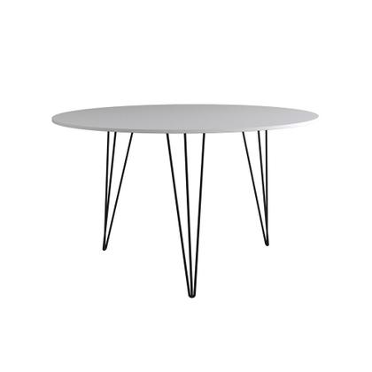 Imagem de Mesa Jantar Redonda 110cm Branca Clips 3 Pés com 5 Poltronas Eames Eiffel Brancas Ferro Preto