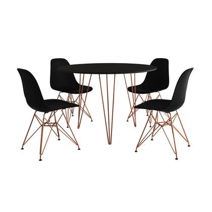 Imagem de Mesa Jantar Redonda 110cm Preta Clips 3 Pés com 4 Cadeiras Eames Eiffel Pretas Base Cobre