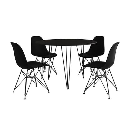 Imagem de Mesa Jantar Redonda 110cm Preta Clips 3 Pés com 4 Cadeiras Eames Eiffel Pretas Ferro Preto