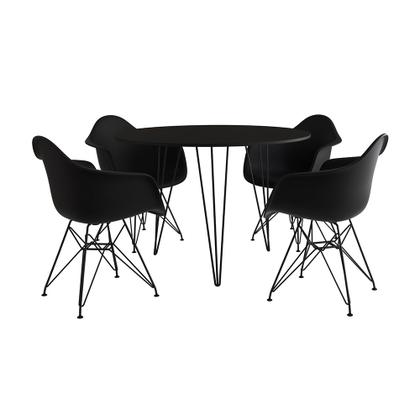 Imagem de Mesa Jantar Redonda 110cm Preta Clips 3 Pés com 4 Poltronas Pretas Eames Eiffel Ferro Preto