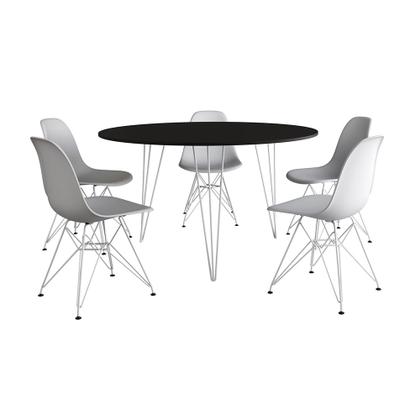 Imagem de Mesa Jantar Redonda 110cm Preta Clips 3 Pés com 5 Cadeiras Eames Eiffel Brancas Ferro Branco