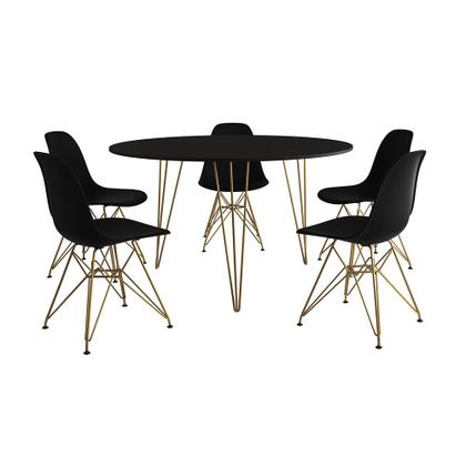 Imagem de Mesa Jantar Redonda 110cm Preta Clips 3 Pés com 5 Cadeiras Eames Eiffel Pretas Base Dourada
