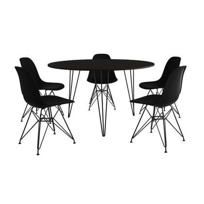 Imagem de Mesa Jantar Redonda 110cm Preta Clips 3 Pés com 5 Cadeiras Eames Eiffel Pretas Ferro Preto