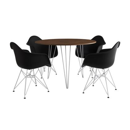Imagem de Mesa Jantar Redonda 90cm Amêndoa Clips 3 Pés com 4 Poltronas Eiffel Eames Daw Pretas Ferro Branco