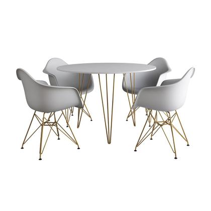 Imagem de Mesa Jantar Redonda 90cm Branca Clips 3 Pés com 4 Poltronas Eiffel Eames Daw Brancas Base Dourado
