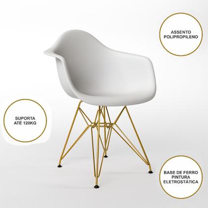 Imagem de Mesa Jantar Redonda 90cm Preta Clips 3 Pés com 4 Poltronas Eiffel Eames Daw Brancas Base Dourado