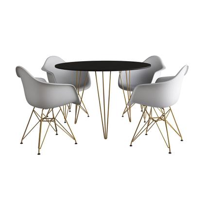 Imagem de Mesa Jantar Redonda 90cm Preta Clips 3 Pés com 4 Poltronas Eiffel Eames Daw Brancas Base Dourado