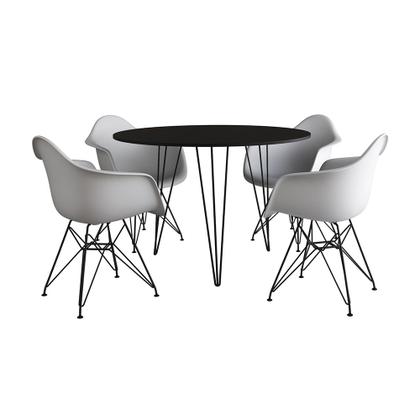 Imagem de Mesa Jantar Redonda 90cm Preta Clips 3 Pés com 4 Poltronas Eiffel Eames Daw Brancas Ferro Preto