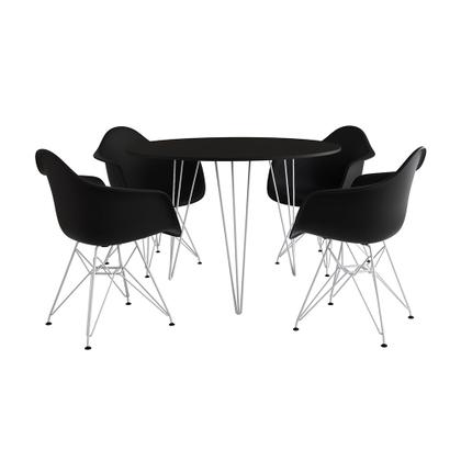 Imagem de Mesa Jantar Redonda 90cm Preta Clips 3 Pés com 4 Poltronas Eiffel Eames Daw Pretas Ferro Branco