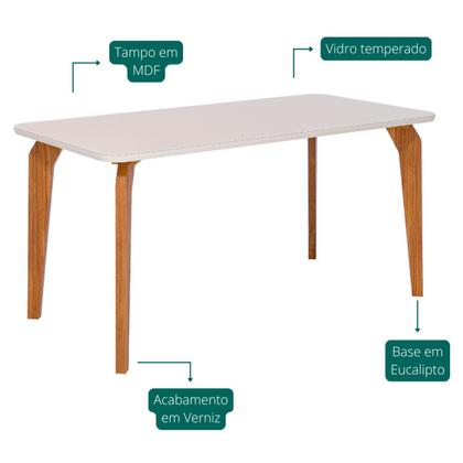 Imagem de Mesa Jantar Retangular 1,60 Papaia Com Vidro Madeira/Off White