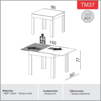 Imagem de Mesa Jantar Retangular Extensível e 4 Cadeiras Estofadas MDF