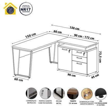 Imagem de Mesa L Escritório 1,5m Pé Metal Armário 3 Gavetas 1 Porta F5