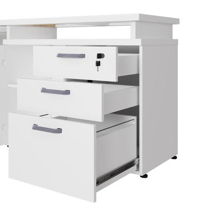 Imagem de Mesa L Escritório 1,5m Pé Metal Armário 3 Gavetas 1 Porta F5