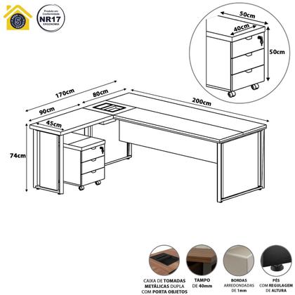 Imagem de Mesa L Executiva 2,00m c/ Cx de Tomadas Gaveteiro 3 Gav. F5