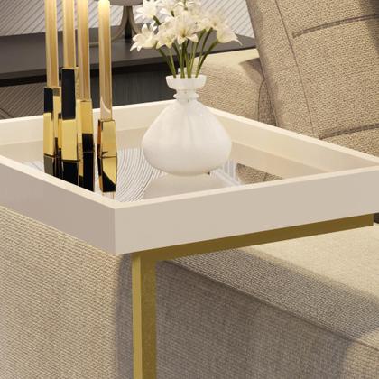 Imagem de Mesa Lateral Apoio Para Sofá Com Espelho JB 4774 - Pérola com Dourado - Lojas RPM