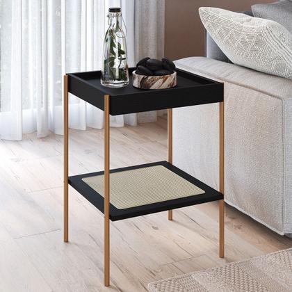 Imagem de Mesa Lateral Com Prateleira Pé Metal Arlo A10 Nero/Dourado - Mpozenato