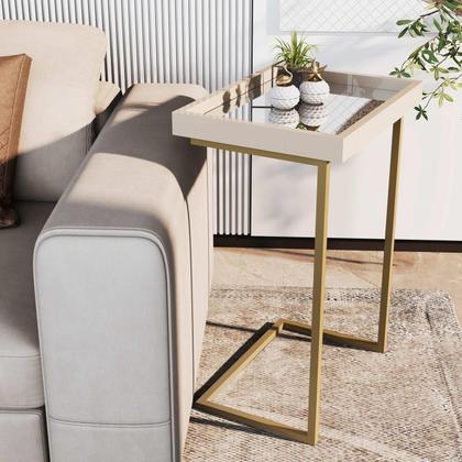 Imagem de Mesa Lateral de Apoio JB 4774 com Espelho me pé de Aço - Perola/Dourado