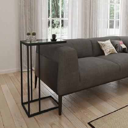 Imagem de Mesa Lateral De Encaixe para Sofá Preto E Tampo de Vidro