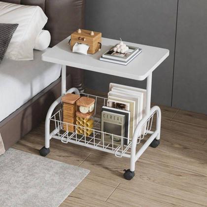 Imagem de Mesa lateral multiuso com rodinhas 2 prateleiras móvel suporte organizador branco resistente leve