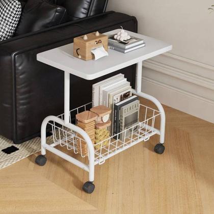 Imagem de Mesa lateral multiuso com rodinhas 2 prateleiras móvel suporte organizador branco resistente leve