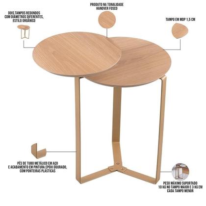 Imagem de Mesa Lateral Para Sala De Estar 2 Em 1 Pés Metálicos Dari A03 Hanover Dourado - Lyam Decor