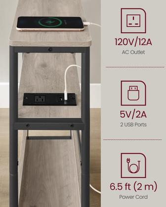 Imagem de Mesa lateral VASAGLE Mesa de cabeceira de 3 camadas com estação de carregamento