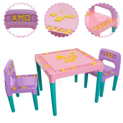 Imagem de Mesa Mesinha Infantil Plástico Didática Com 2 Cadeiras Menino Menina Letras Números