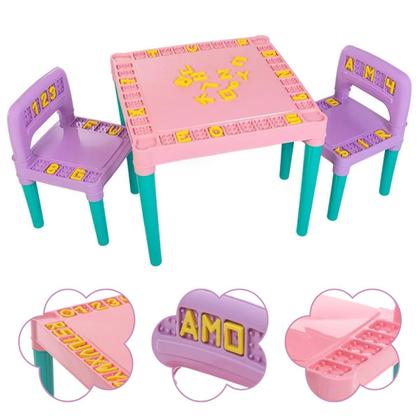 Imagem de Mesa Mesinha Infantil Plástico Didática Com 2 Cadeiras Menino Menina Letras Números
