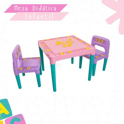 Imagem de Mesa Mesinha Infantil Plástico Didática Com 2 Cadeiras Menino Menina Letras Números
